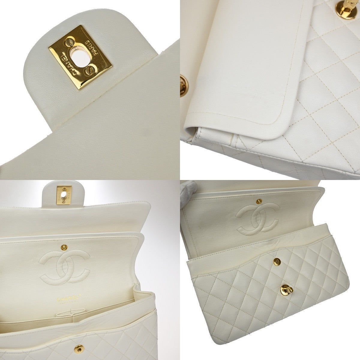 CHANEL CC Matelasse 25 Double Flap Chain Shoulder Bag Leather White GHW 870RQ054