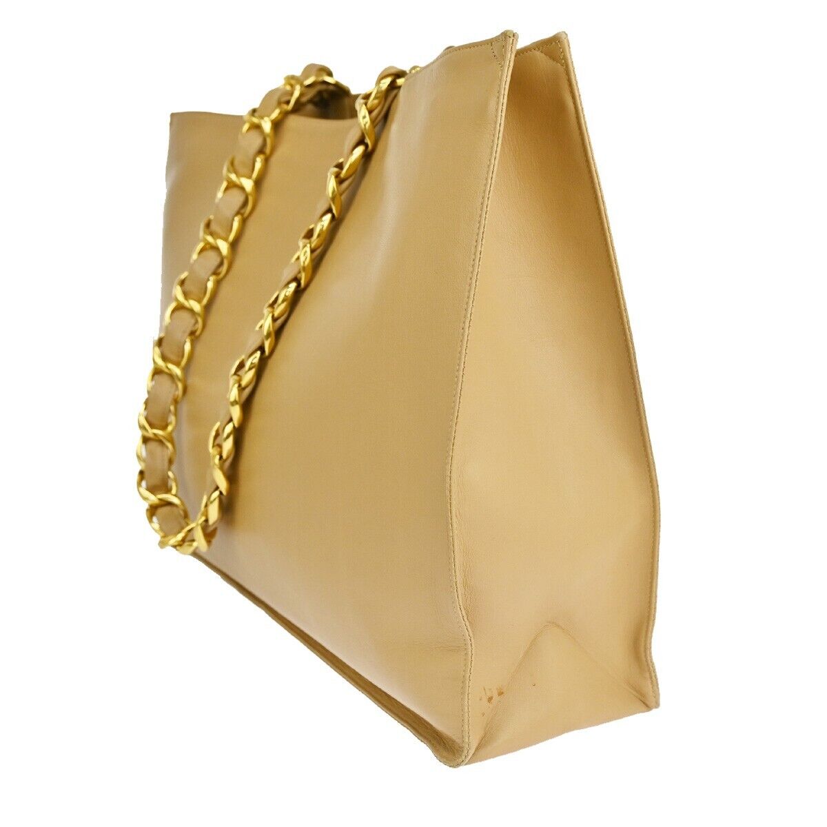 CHANEL CC Logo Chain Shoulder Tote Bag Leather Beige Gold-Plated France 629RJ479