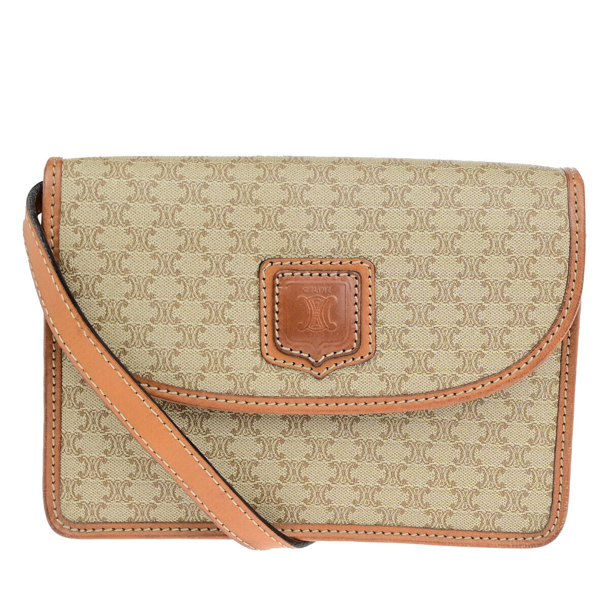 CELINE Logo Macadam Pattern Shoulder Bag PVC Leather Brown Beige GHW 33YF563