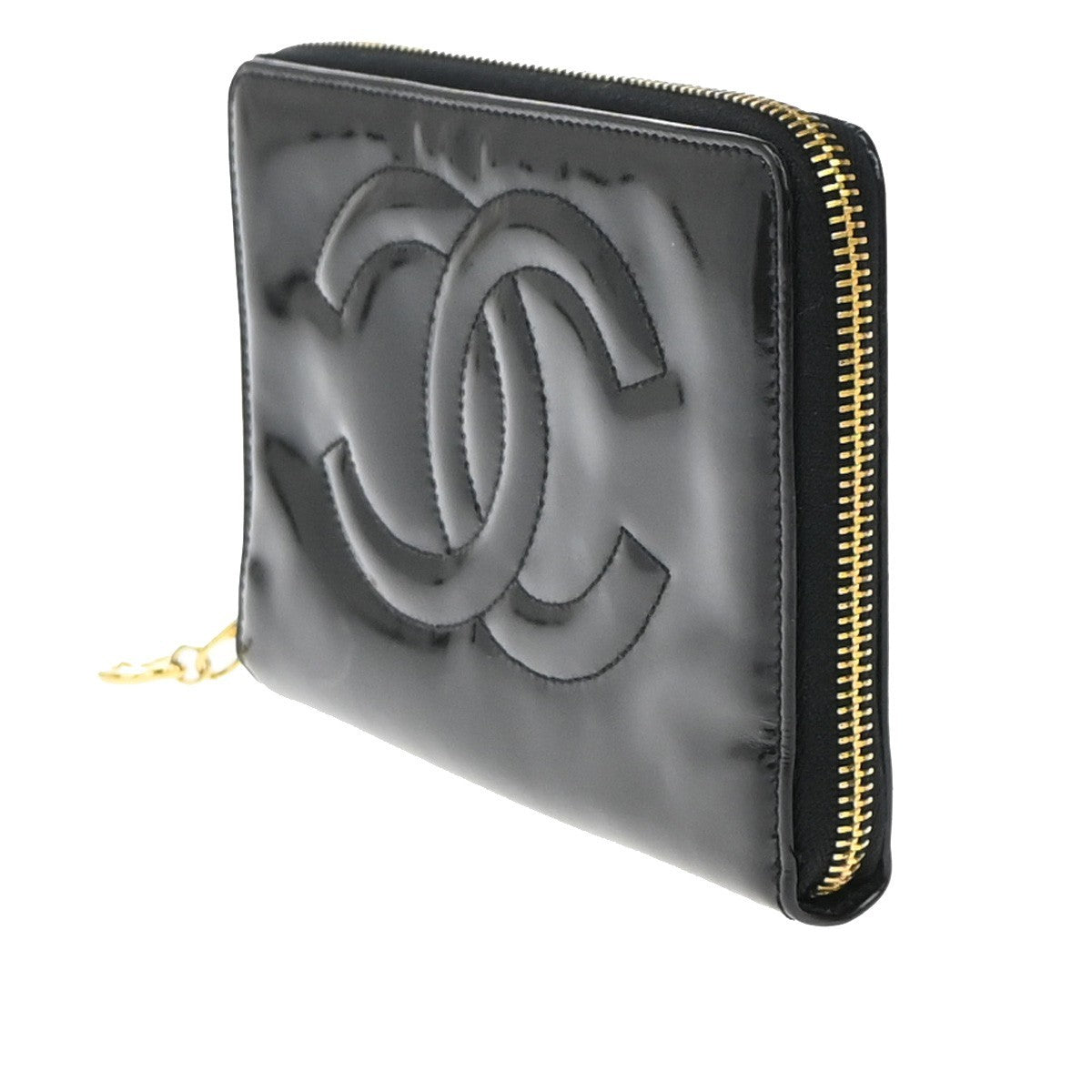 CHANEL CC Logo Zipper Around Wallet Patent Leather Black Italy Vintage 05EG064