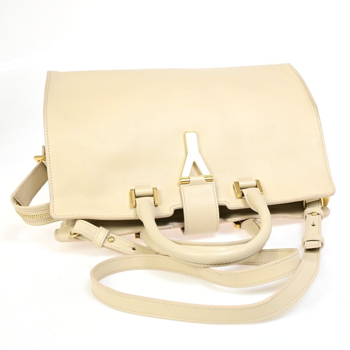 SAINT LAURENT  Logo Classic Y Cabas 2 Way Hand Bag Leather Beige Gold 72EB672