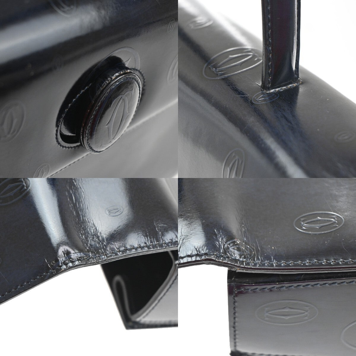 CARTIER Logo Birthday Hand Bag Patent Leather Navy Blue France 89EF036