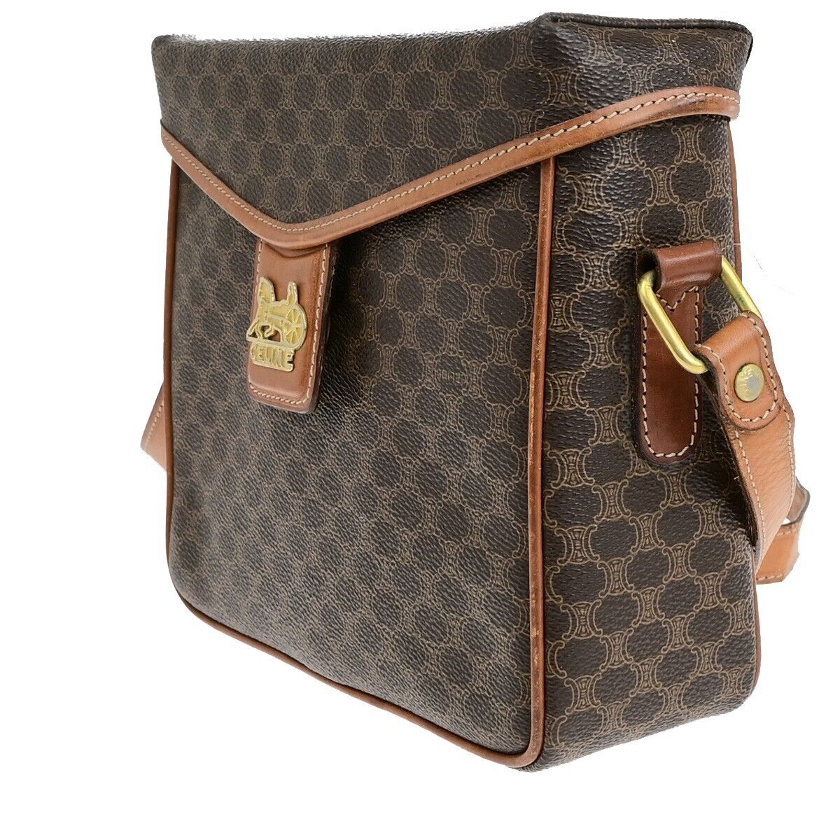 CELINE Logo Macadam Pattern Crossbody Shoulder Bag PVC Leather Brown 31EB749