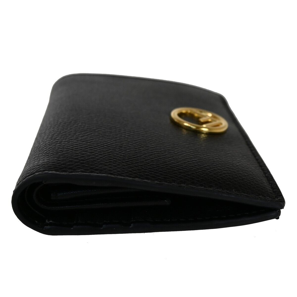 FENDI F Logo Bifold Wallet Purse Embossing Leather Black Gold Italy 32EA222