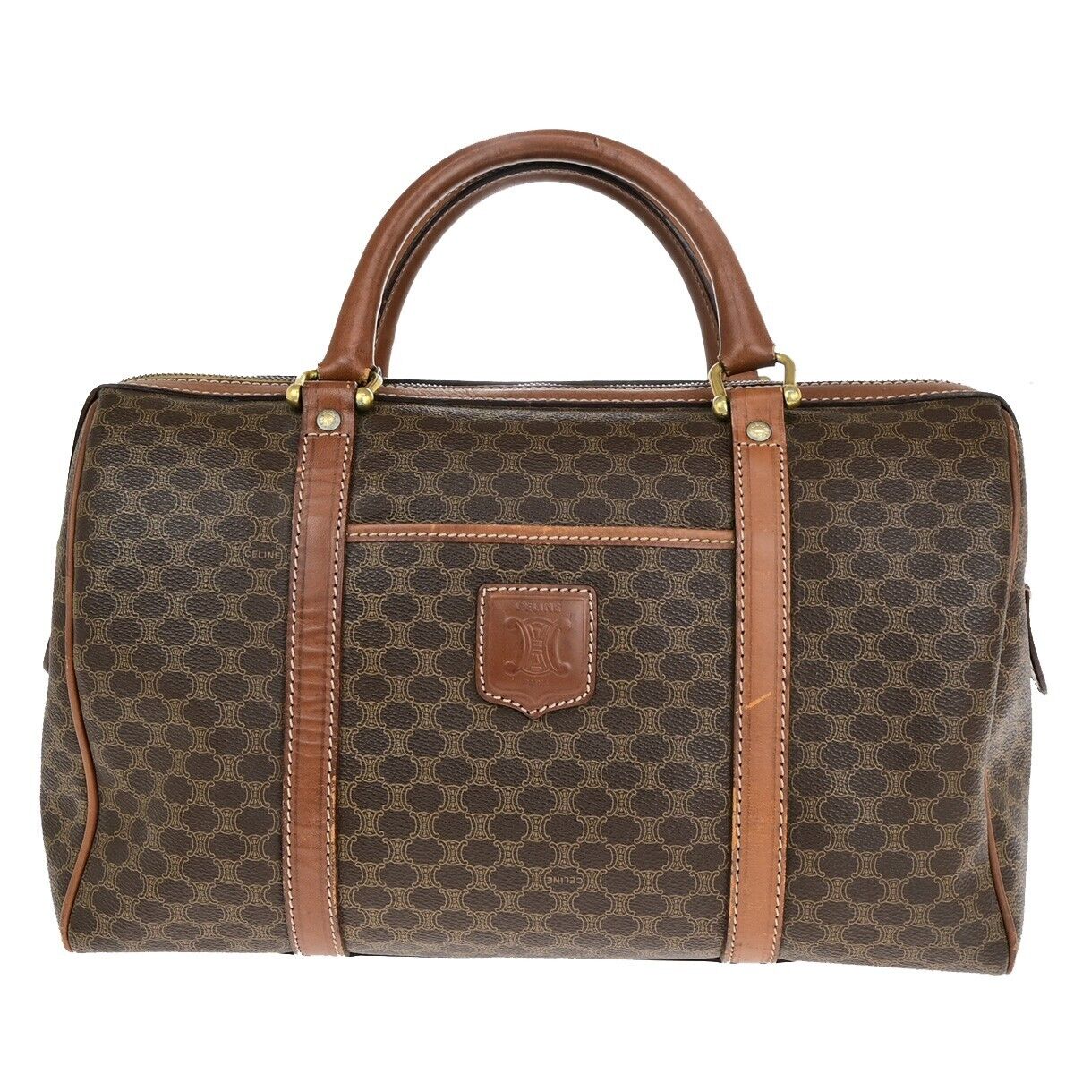 CELINE Macadam Pattern Travel Hand Bag PVC Leather Brown Gold Italy 05ED370