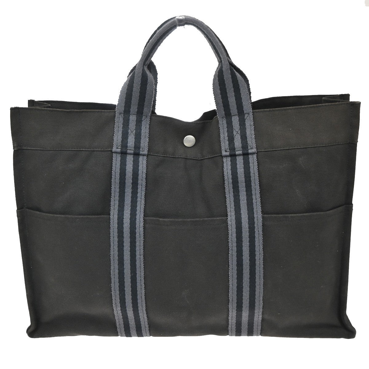 HERMES Fourre Tout MM Tote Hand Bag Canvas Leather Black Gray 02TA250