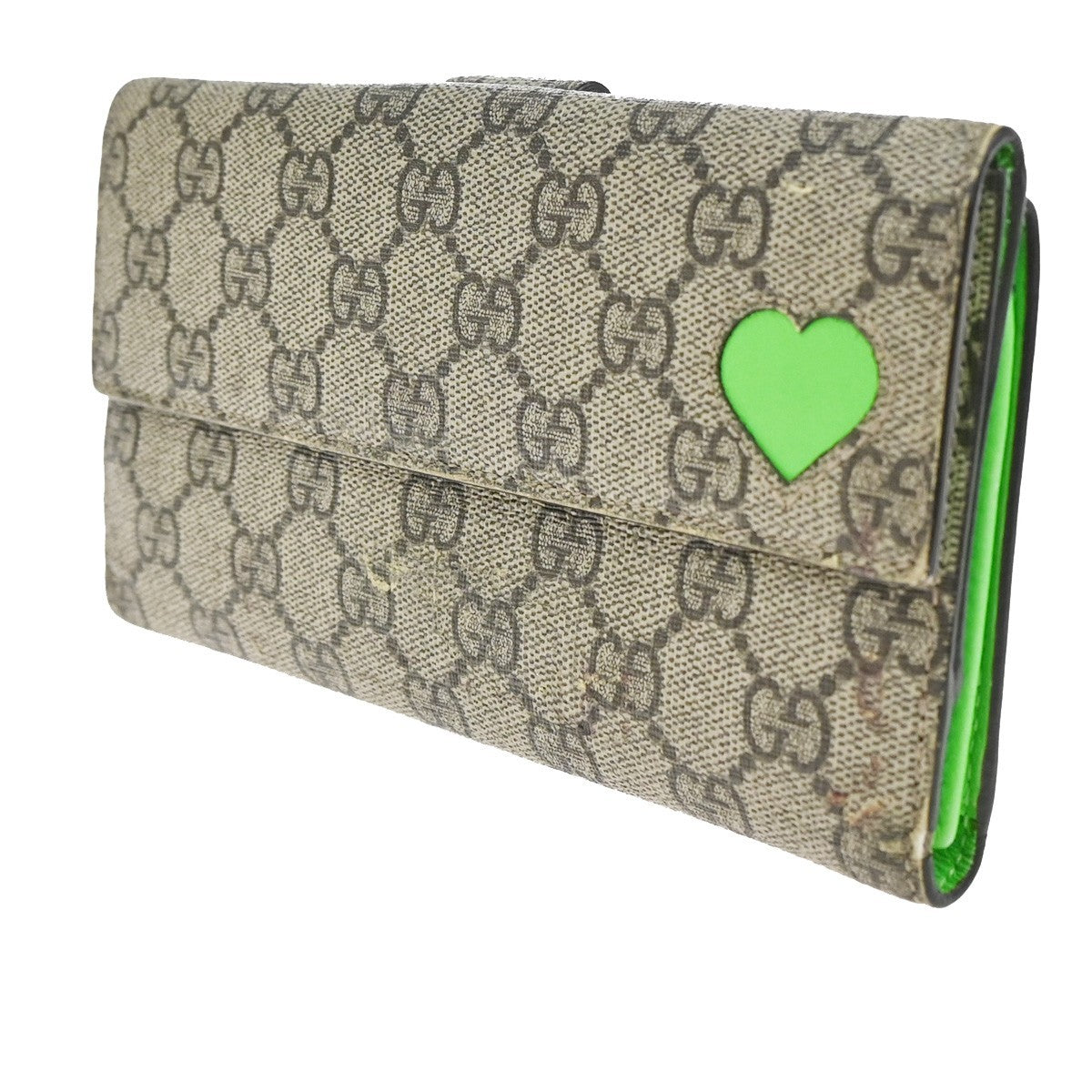 GUCCI GG heart Bifold Long Wallet Supreme Leather Green Beige GHW 01KC911