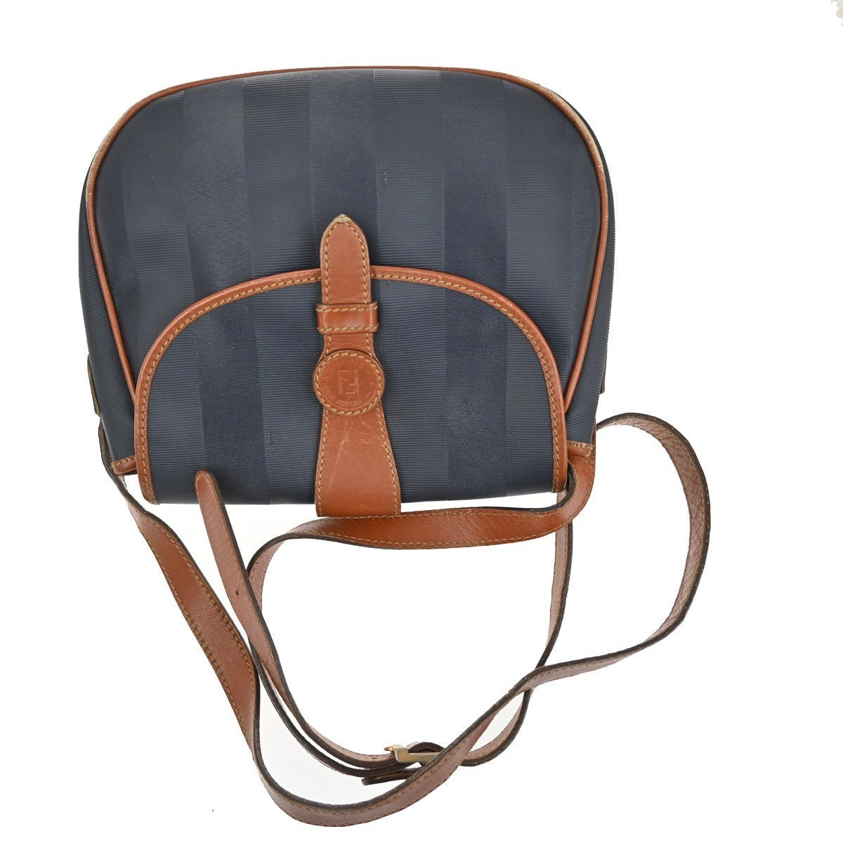 FENDI Pequin Pattern Shoulder Bag Canvas Leather Blue Brown GHW Italy 31TA412