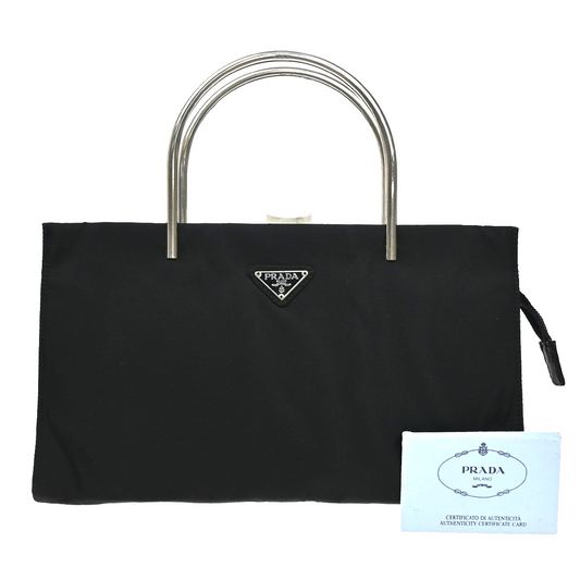 PRADA MILANO Logo Tessuto Hand Bag Nylon Black Silver Italy 80KA730