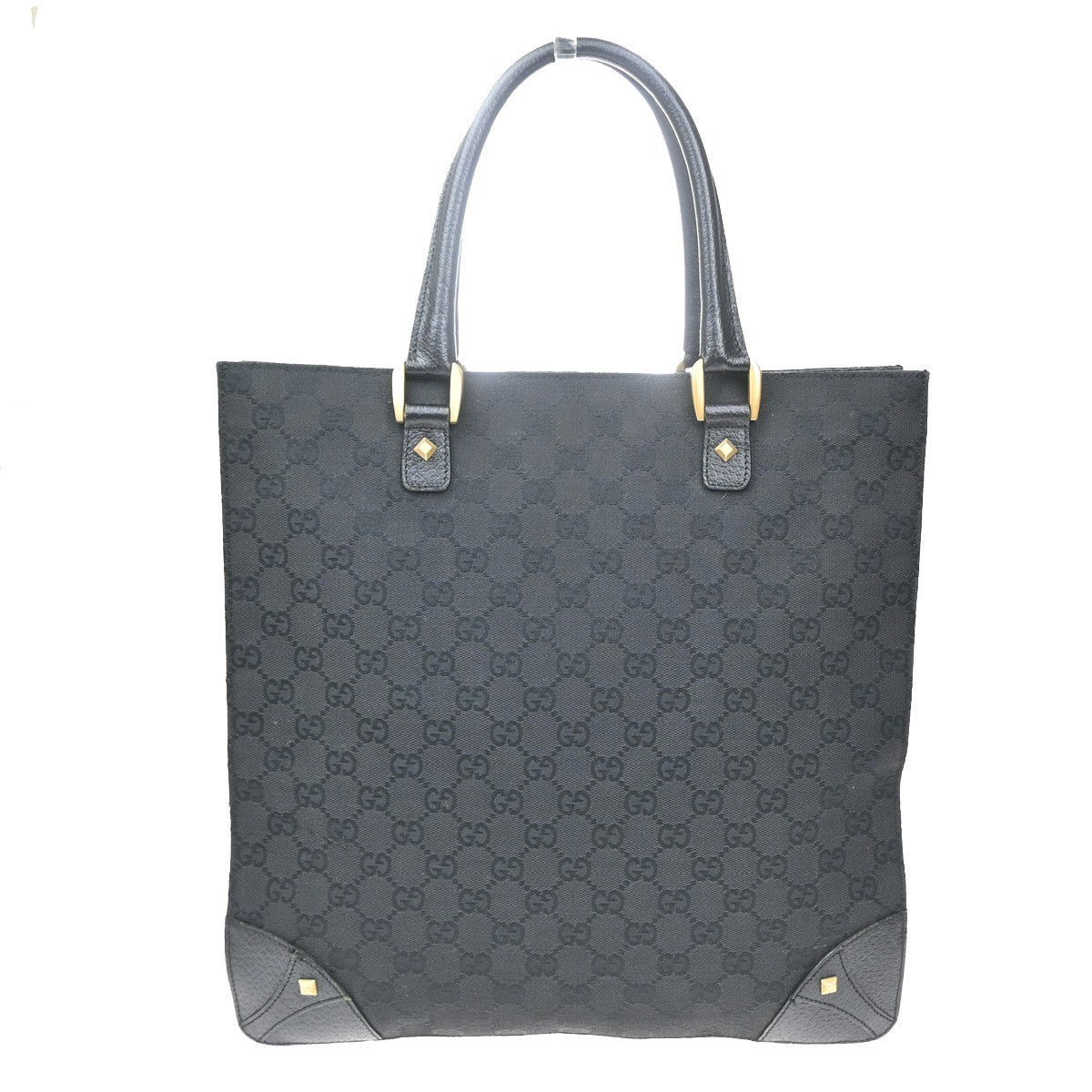Gucci GG  Pattern Nailhead Tote Hand Bag Black Canvas Leather Italy 31SA080