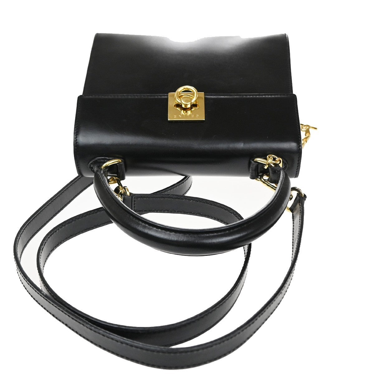 CELINE Logo Ring 2Way Shoulder Hand Bag Leather Black Italy GHW 34CA879