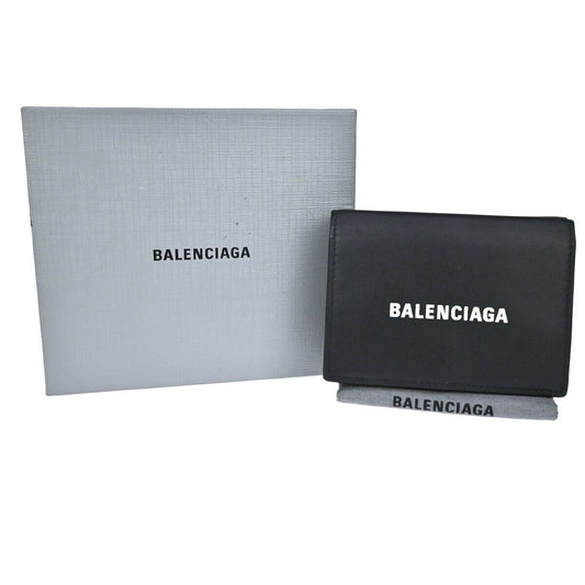 BALENCIAGA Logo Everyday Mini Trifold Wallet Purse Leather Black Italy 64EA106