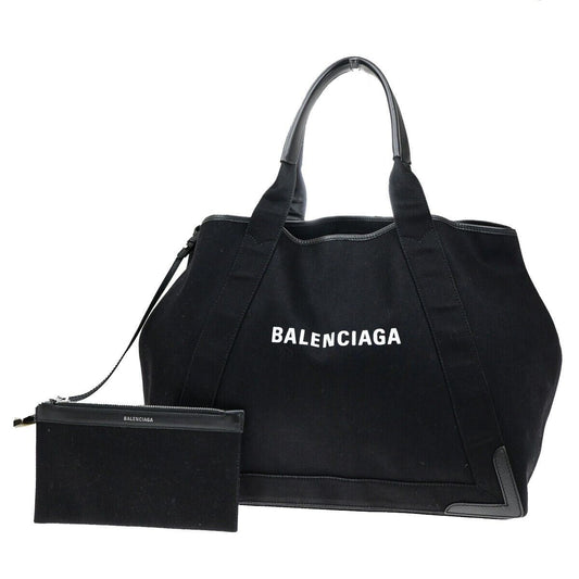 BALENCIAGA Logo Navy Cabas Shoulder Tote Bag Canvas Leather Black 34ED425