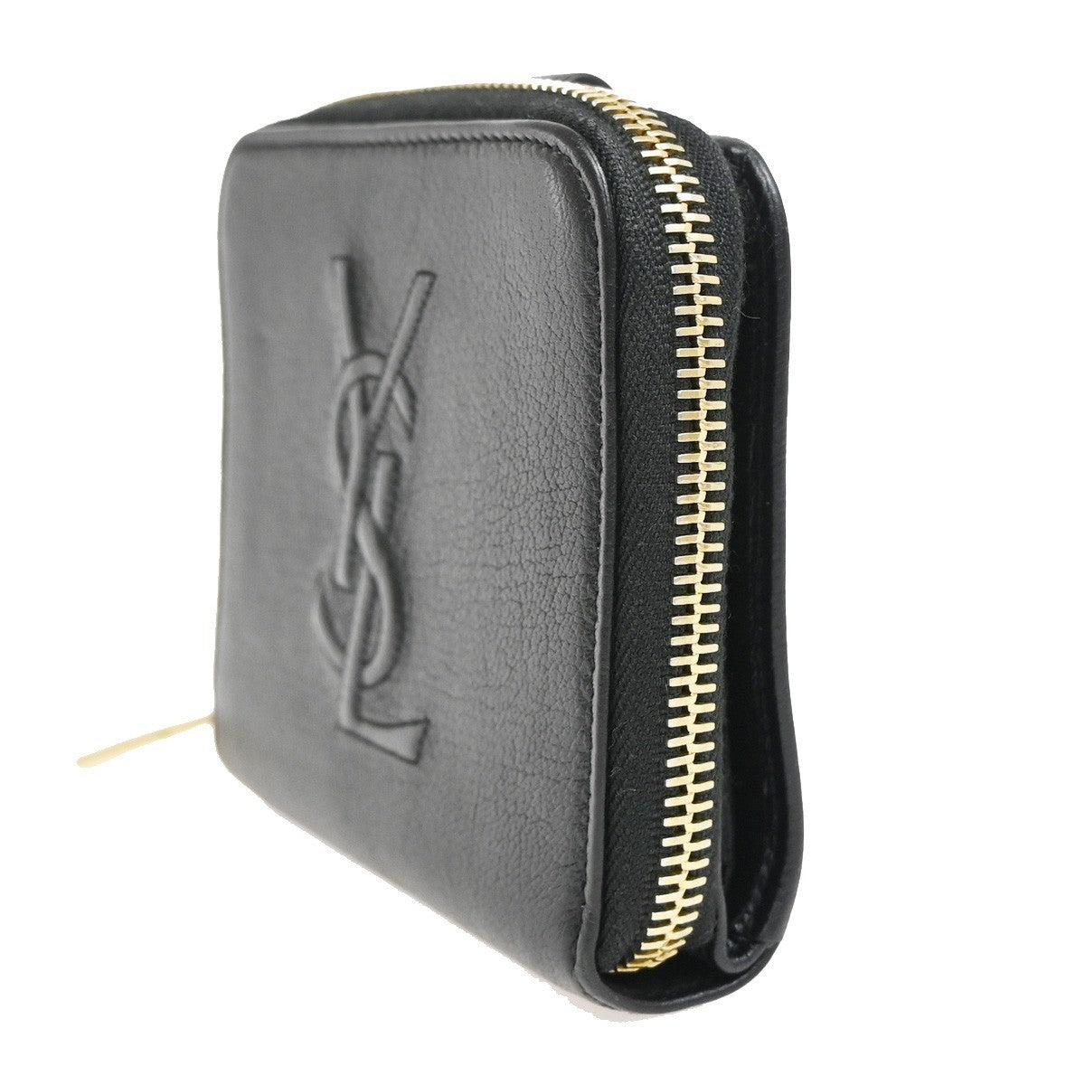 YVES SAINT LAURENT YSL Zipper Around Compact Wallet Purse Leather Black 31KA656