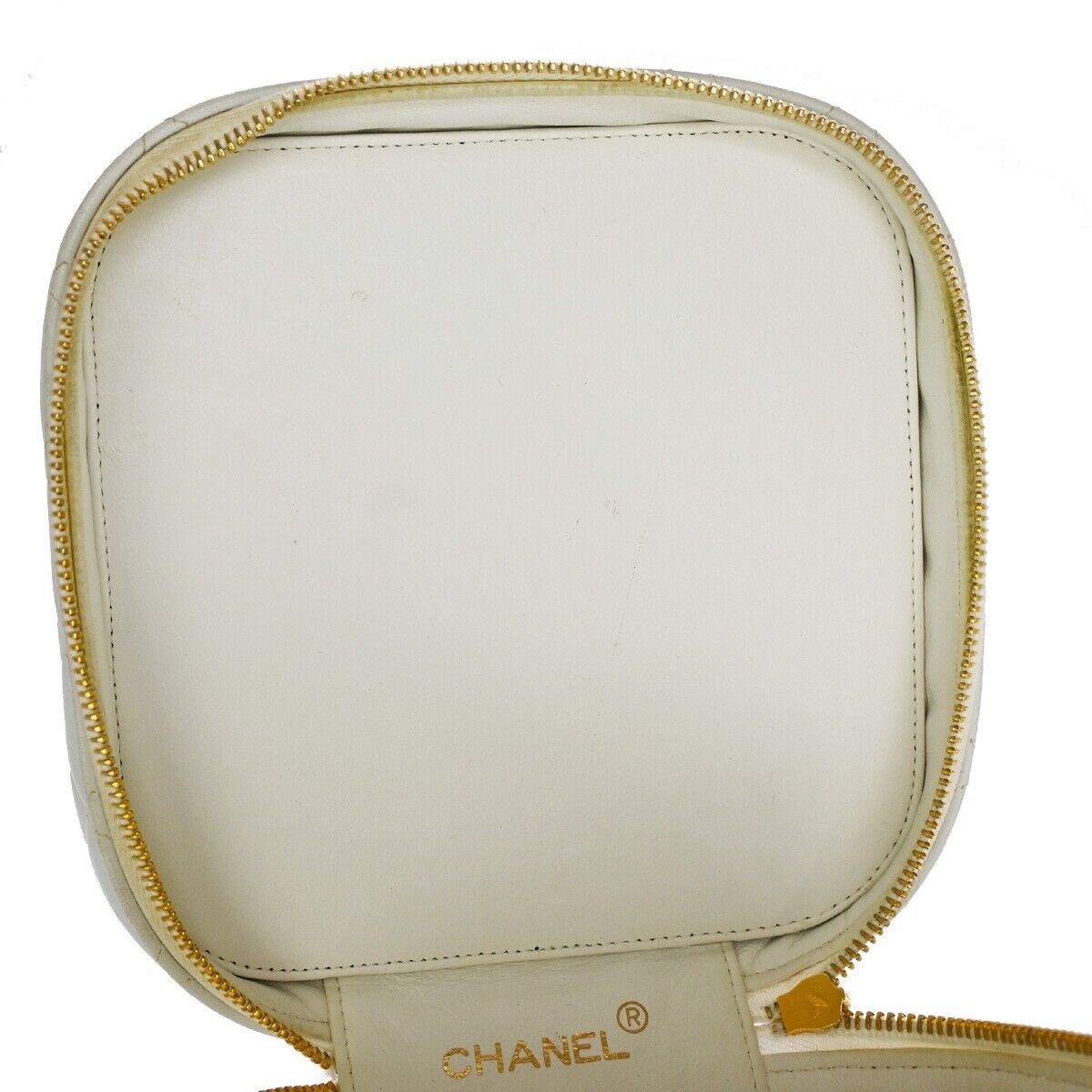CHANEL Logo Matelasse Vanity Hand Bag Leather White GHW France Vintage 96RH435
