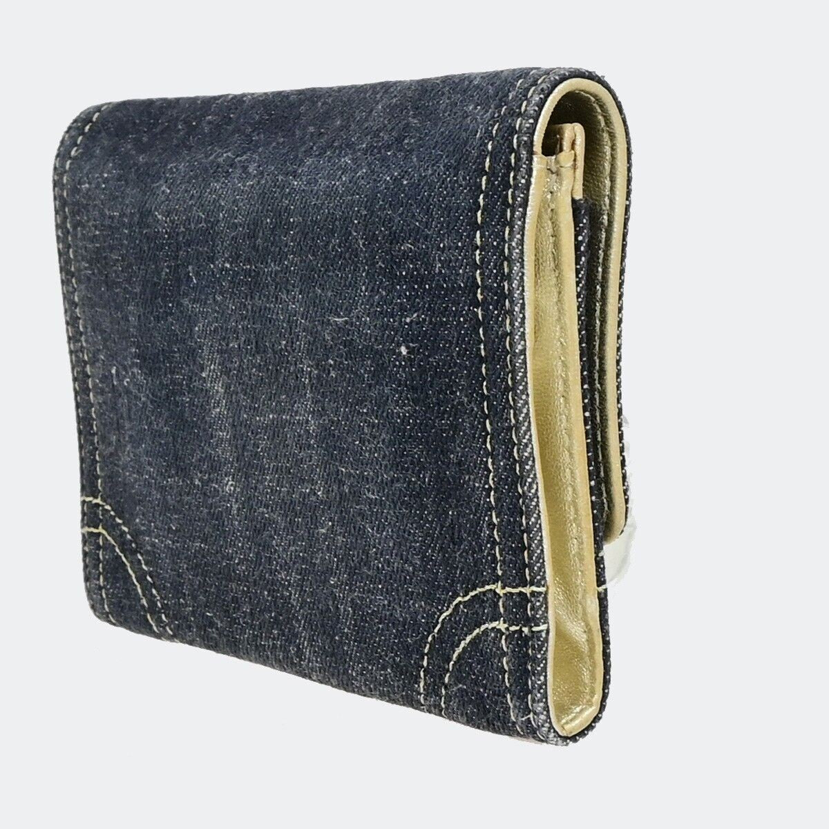 CHANEL CC Logo Stitch Flap Wallet Purse Denim Leather Blue Gold GHW 70RK156