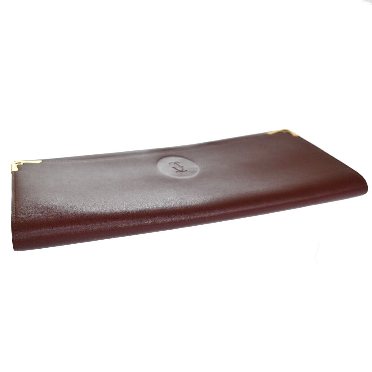 MUST DE CARTIER 2C Logo Wallet Clutch Hand Bag Leather Bordeaux Gold 07EA095