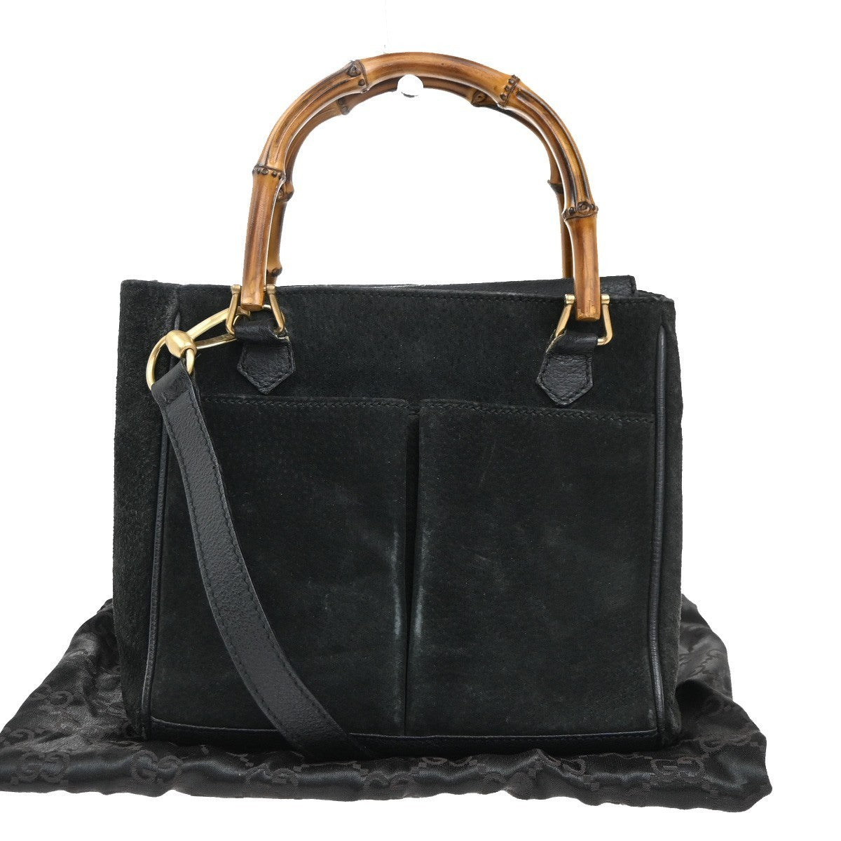 GUCCI Logo Bamboo 2Way Shoulder Hand Bag Suede Leather Black GHW Italy 64KP435