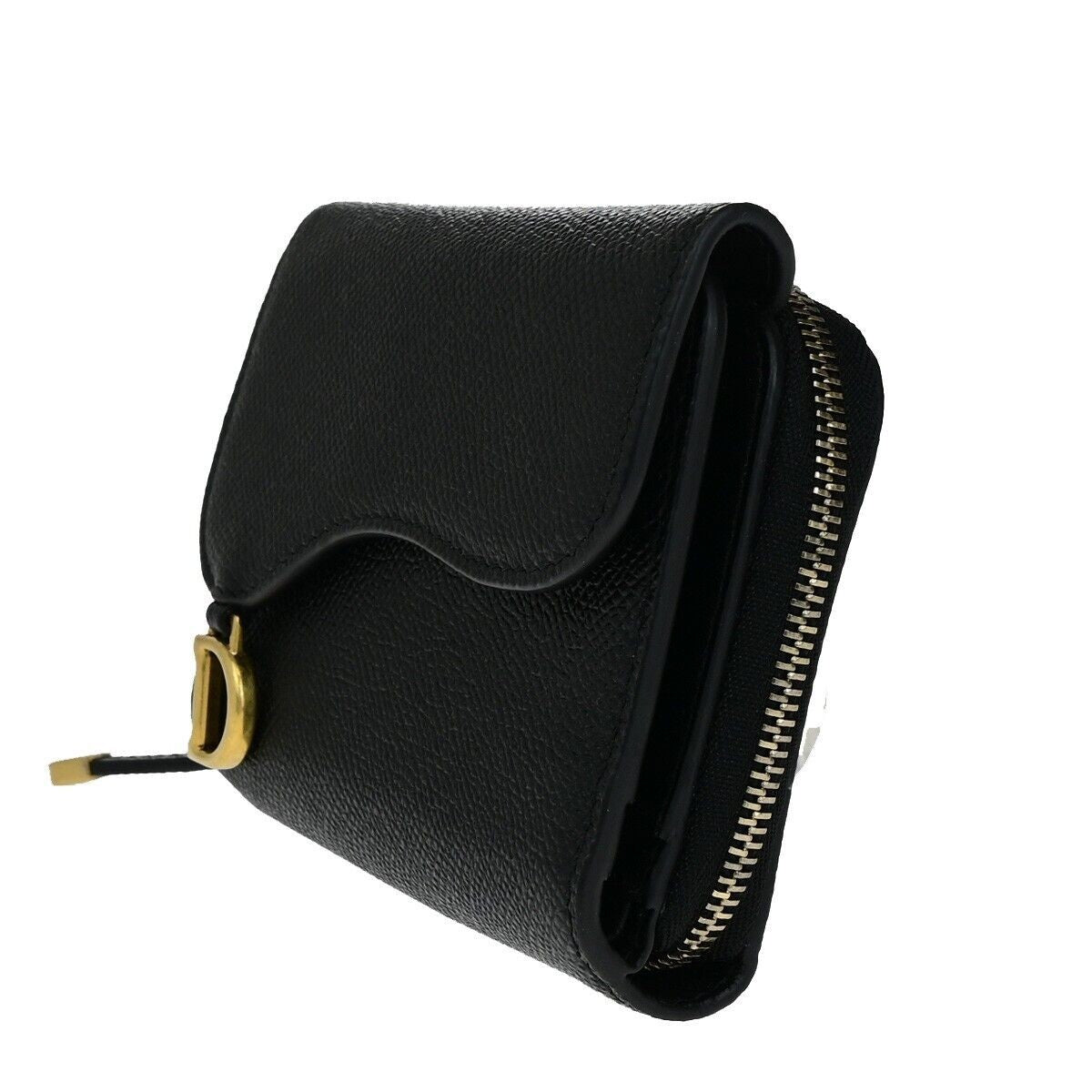 CHRISTIAN DIOR Logo Saddle Trifold Wallet Purse Leather Black GHW Italy 11RK018