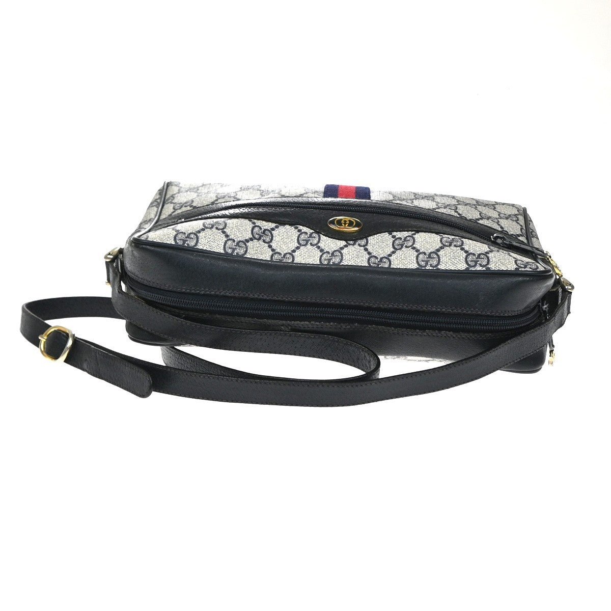 GUCCI Logo Sherry Web Line GG Pattern Shoulder Bag PVC Leather Blue 67YJ157