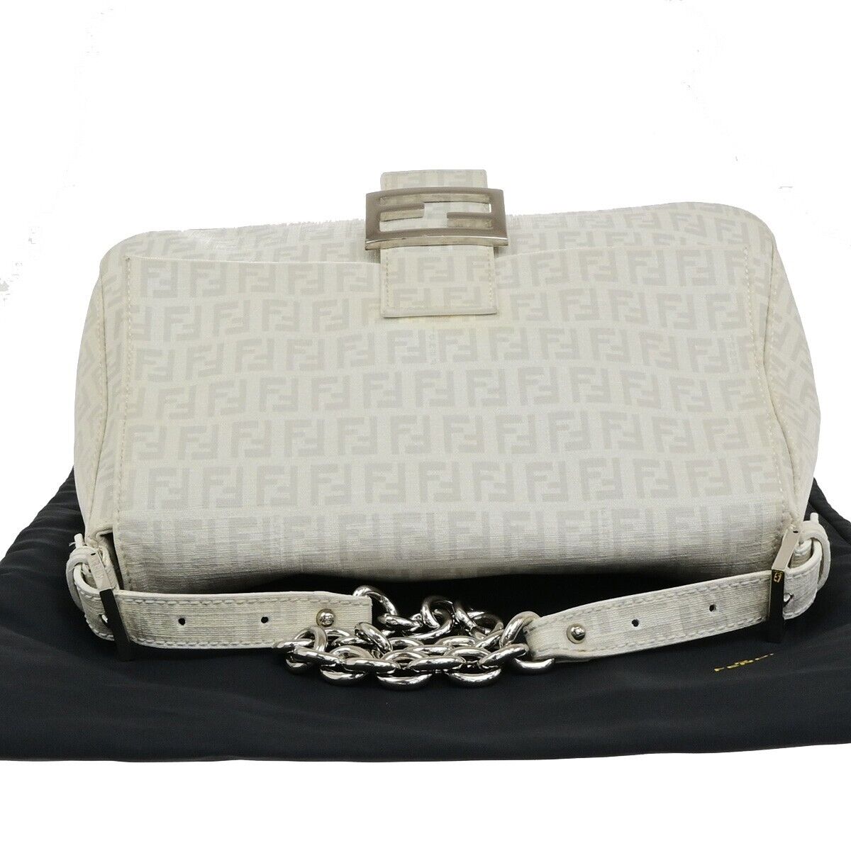 FENDI Logo Mamma Zucchino Pattern Chain Shoulder Bag PVC White Silver 18KA550