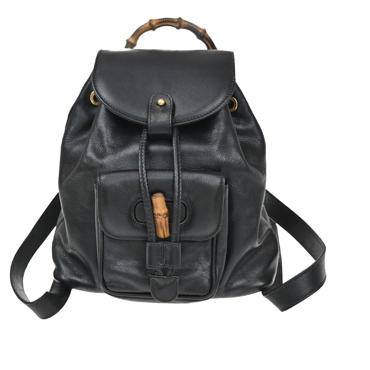 GUCCI Logo Bamboo Drawstring Backpack Bag Leather Black GHW Italy 38CA875