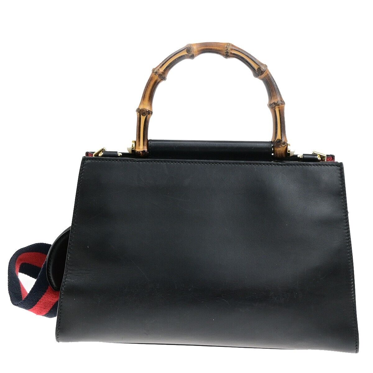 GUCCI Logo Nymphaea 2Way Shoulder Hand Bag Bamboo Leather Black Red 73ED428