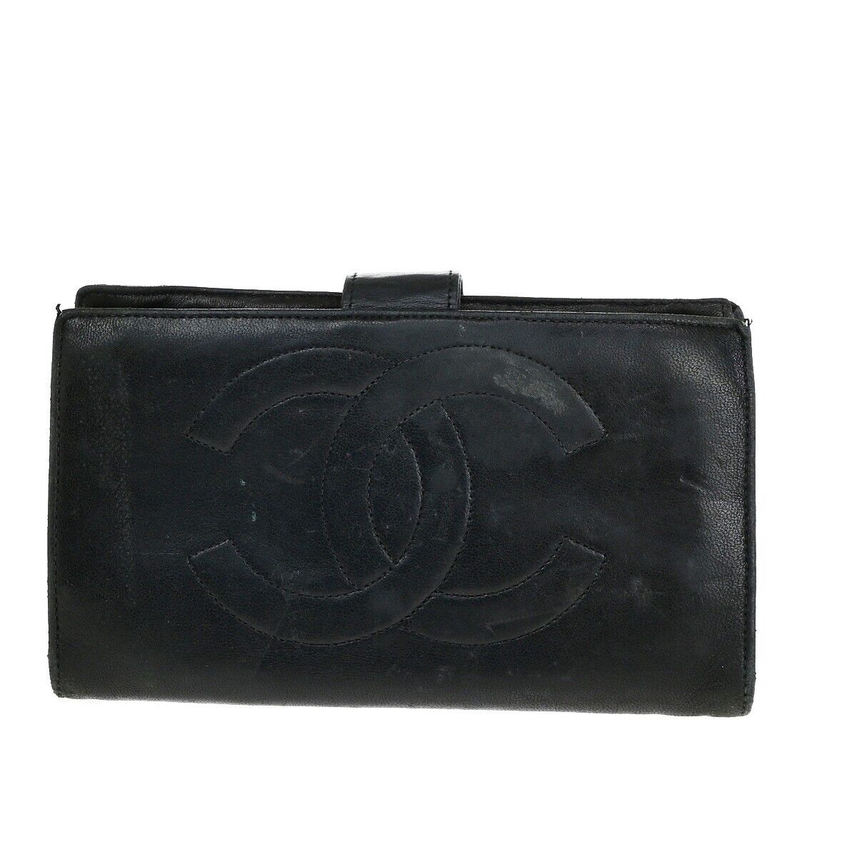 CHANEL CC Long Bifold Wallet Purse Leather Black GHW France Vintage 09EB001