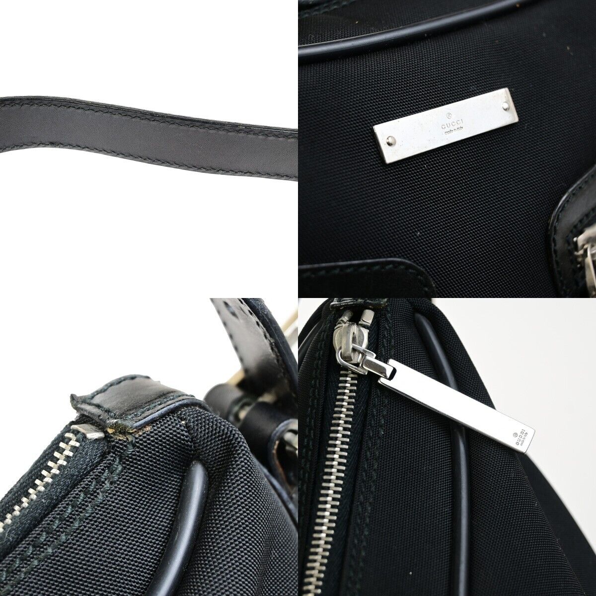 GUCCI Logo Double Pockets Shoulder Bag Nylon Leather Black SHW Italy 31FB352