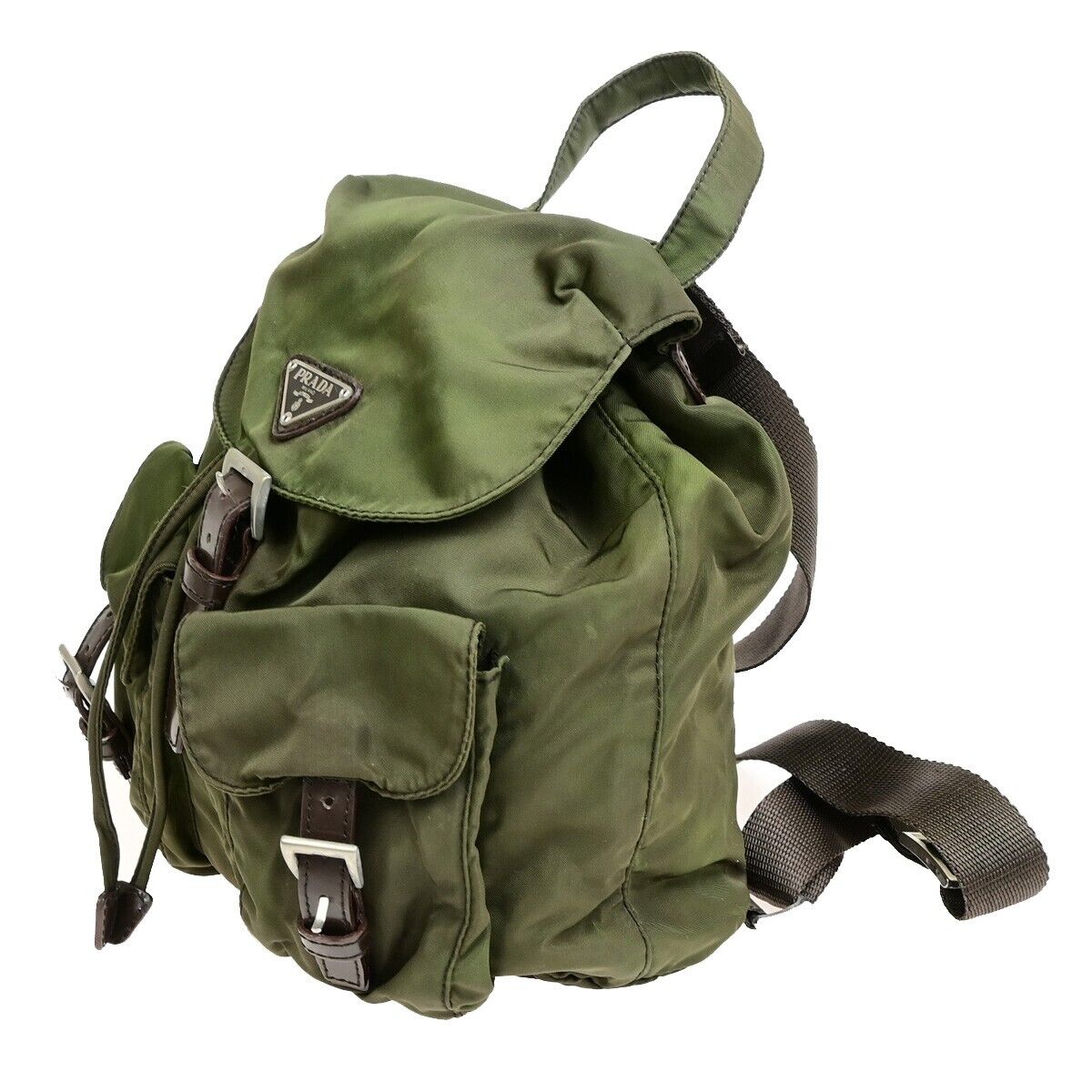 PRADA MILANO Logo Small Backpack Bag Nylon Leather Green Brown Italy 62FB353
