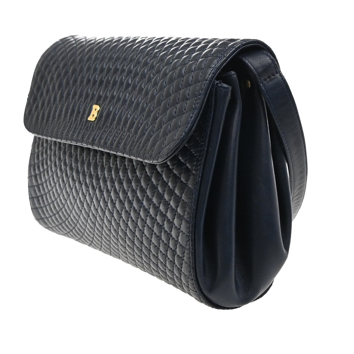 BALLY Logo Flap Shoulder Bag Quilted Leather Navy Blue GHW Italy 09MA548