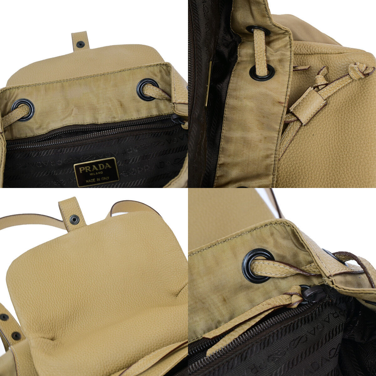 PRADA Logo Backpack Bag Drawstring Nylon Leather Beige Italy 38YF112