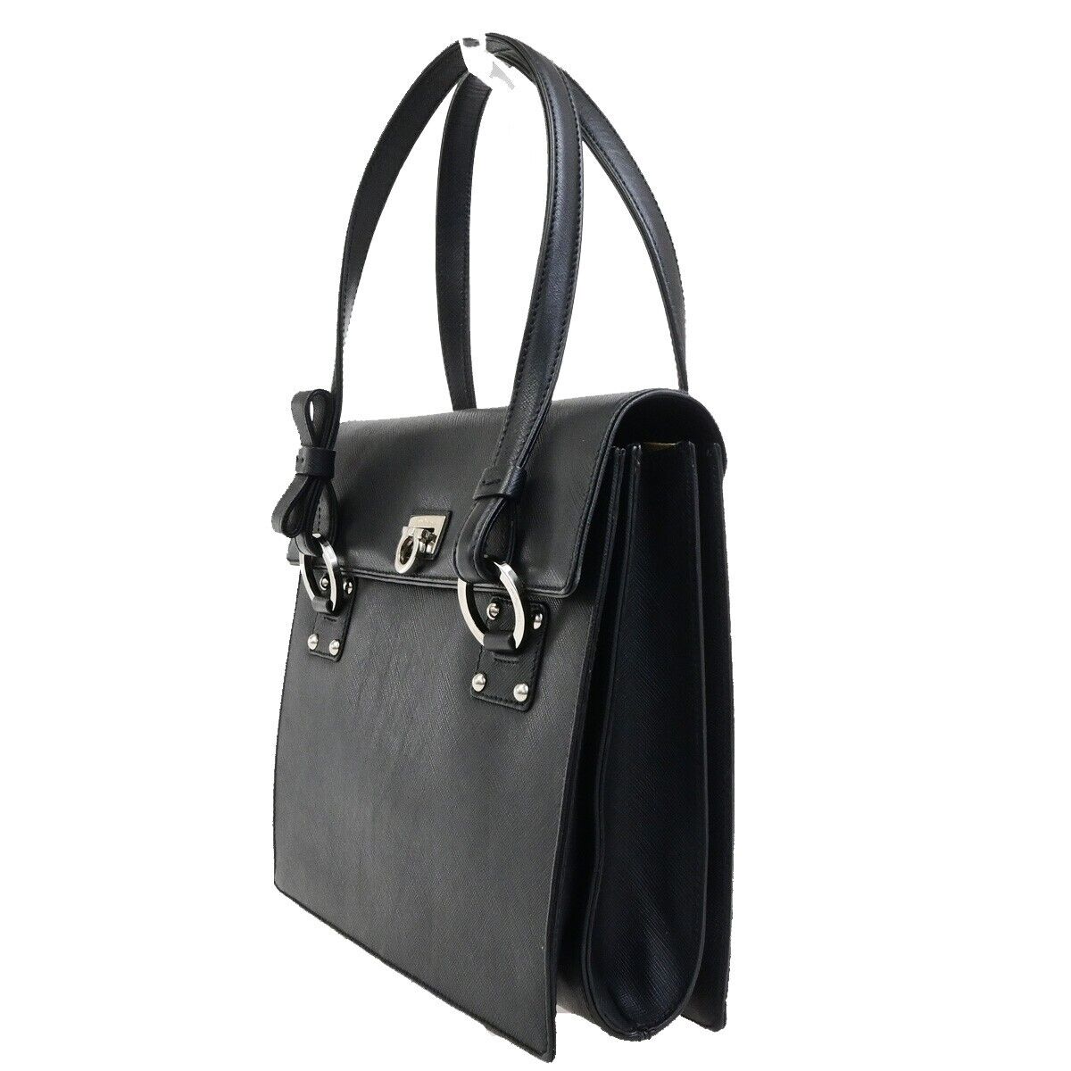 SALVATORE FERRAGAMO Gancini Hand Bag Leather Black Silver Made in Italy 62KA537