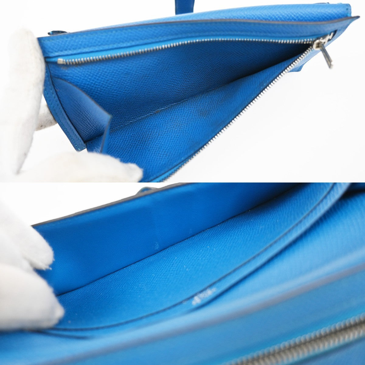 HERMES Logo Bearn Long Bifold Wallet Purse Epson Leather Blue SHW 65RQ023