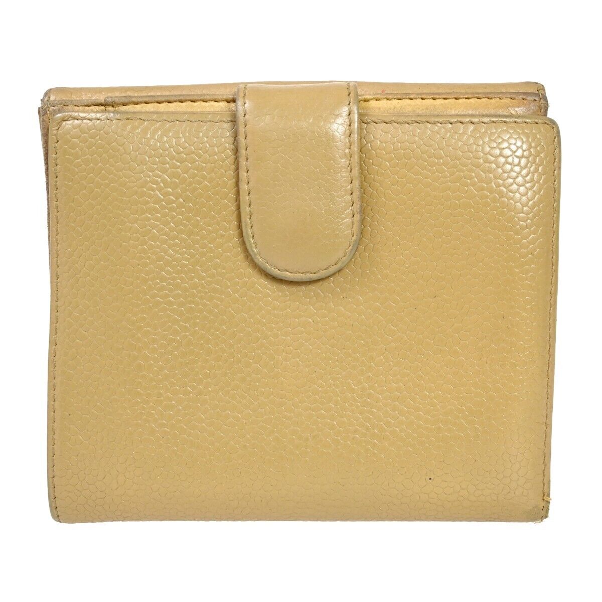 CHANEL CC Logo Bifold Wallet Purse Caviar Skin Leather Beige France 05HB310