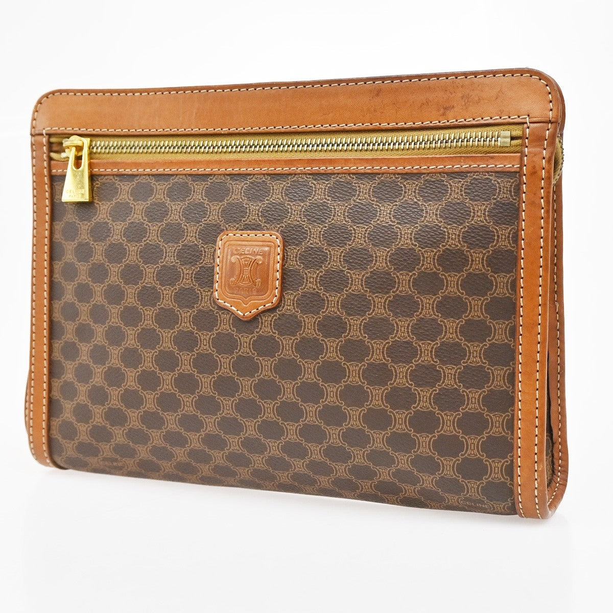CELINE Logo Macadam Pattern Clutch hand Bag PVC Leather Brown GHW Italy 02KB682
