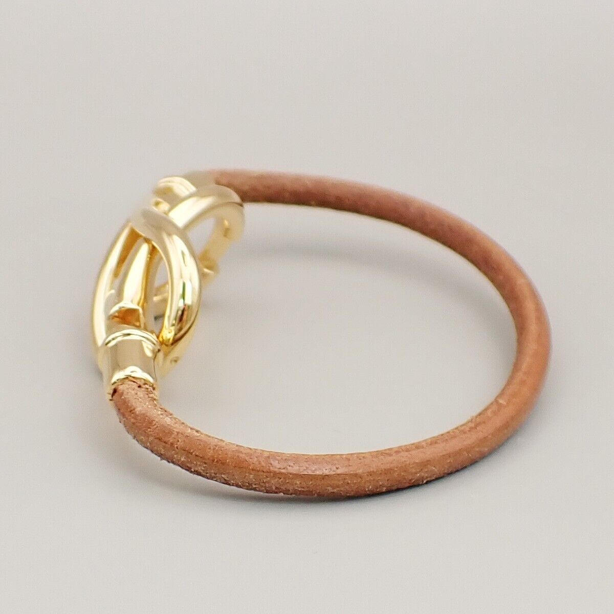 HERMES Logo Jumbo Hook Bracelet Leather Brown Gold Accessory 04ED436