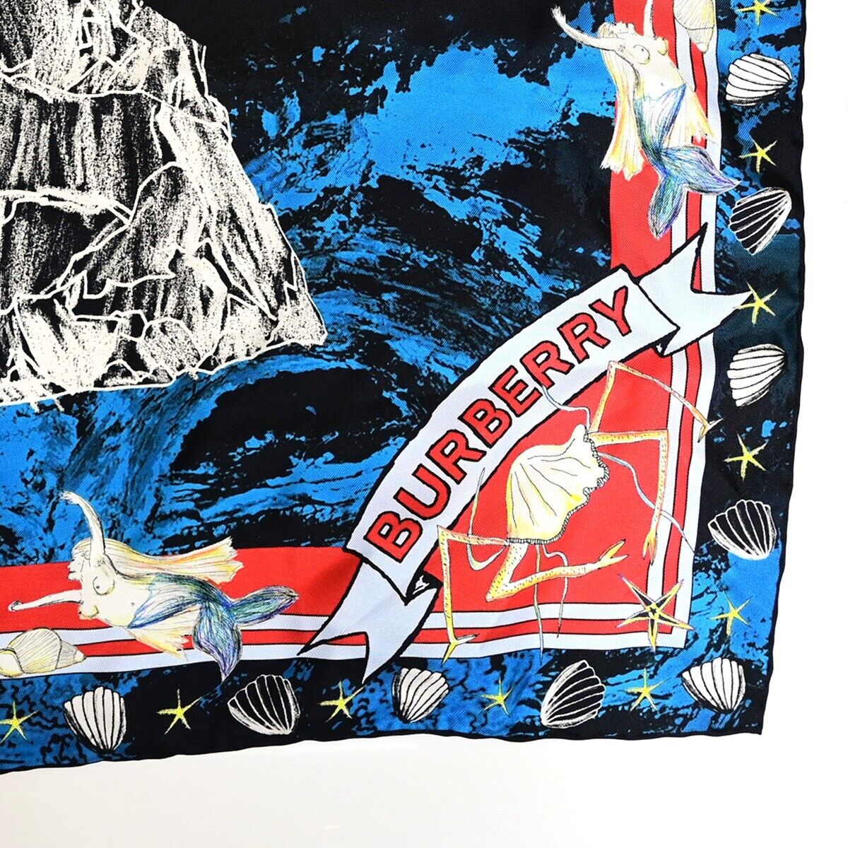 BURBERRY LONDON XL JUMBO Mermaid Scarf Handkerchief Silk Black Accessory 60KA304
