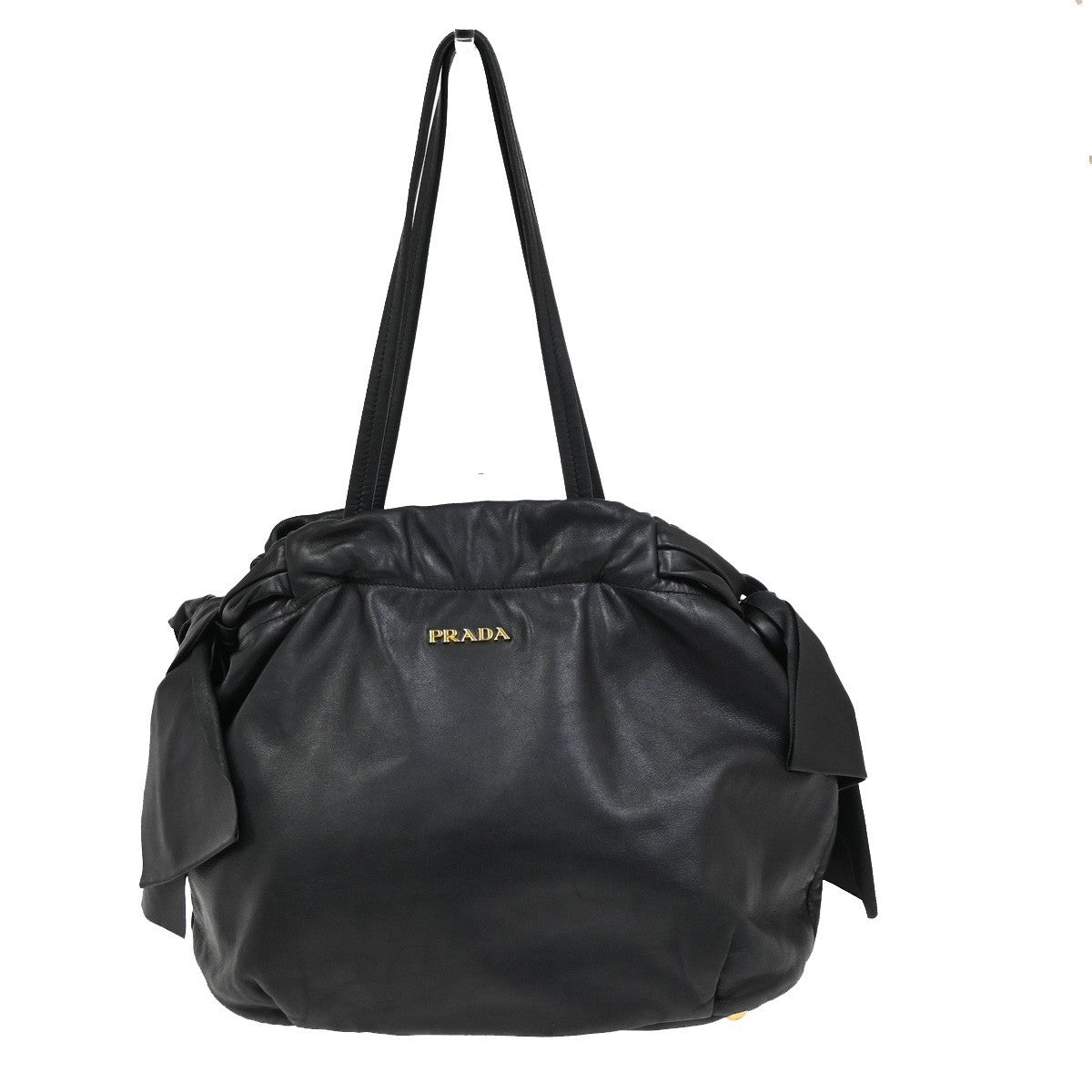 PRADA Logo Bow Shoulder Hand Tote Bag Nappa Leather Black GHW Italy 76KC644