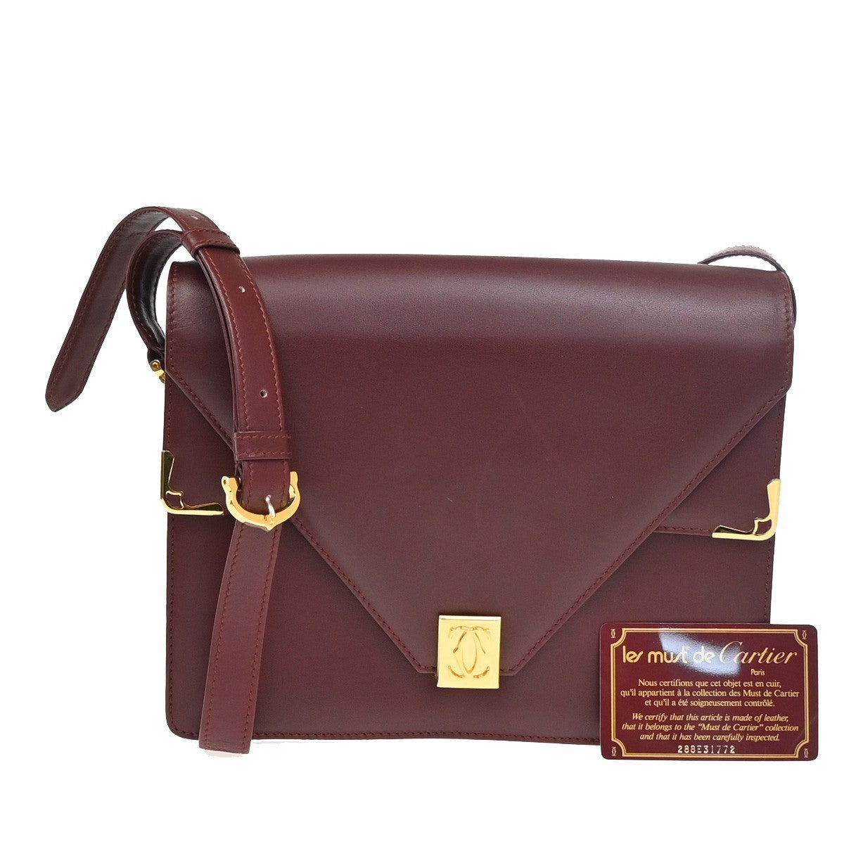 MUST DE CARTIER 2C Logo Two Flap Shoulder Bag Leather Bordeaux GHW Spain 37ZA278