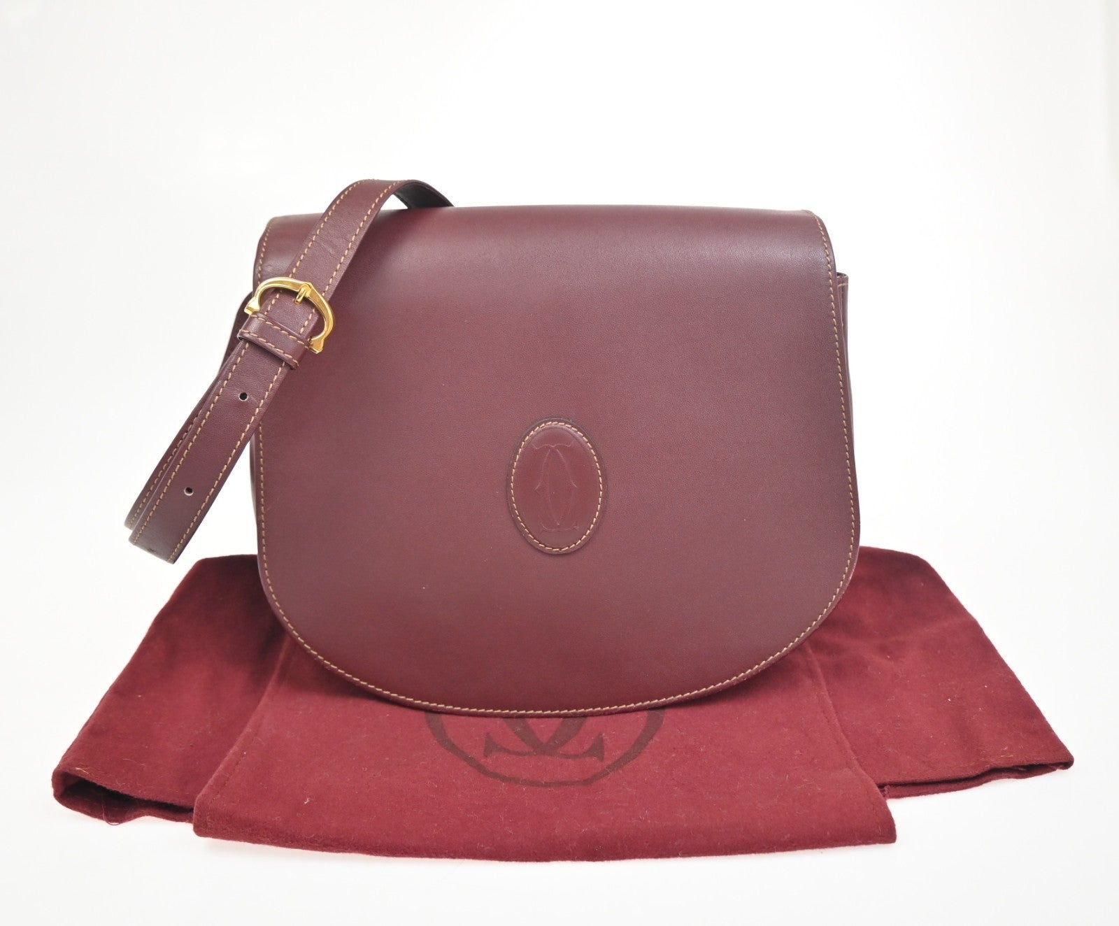 MUST DE CARTIER 2C Logo Shoulder Bag Leather Bordeaux Red GHW Italy 80ZA197