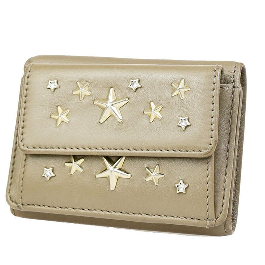 JIMMY CHOO Logo Star Studs Mini Trifold Wallet Purse Leather Brown Italy 09KA404