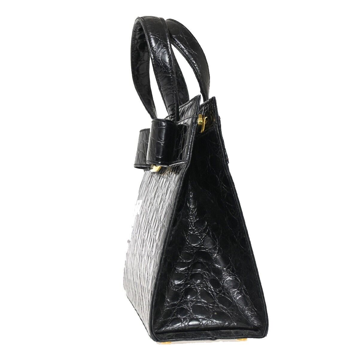 SALVATORE FERRAGAMO Logo Vara Hand Bag Embossing Leather Black Gold 32FA281