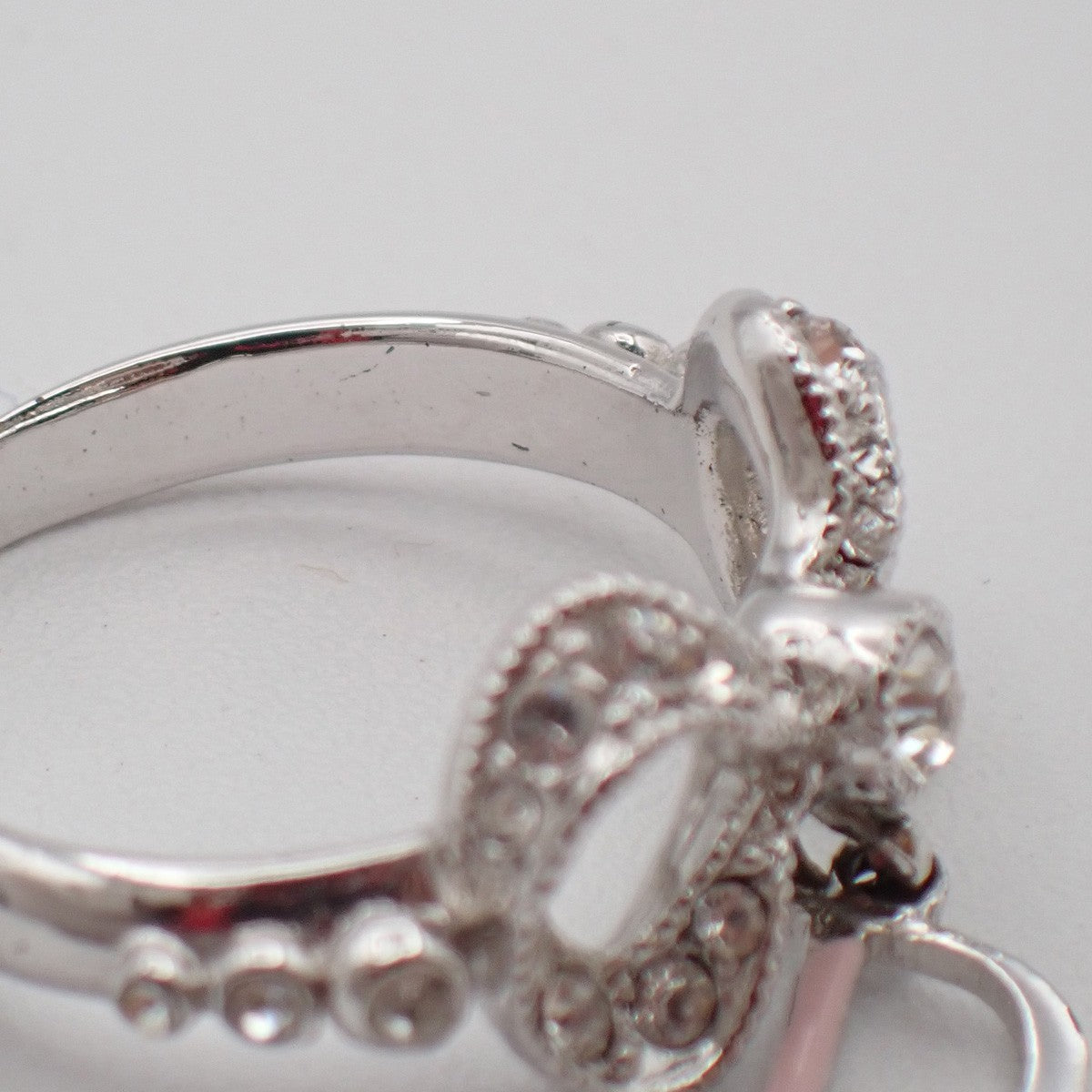 Dior Logo Rhinestone Bow Ring Silver Plated Accessory 09EF811