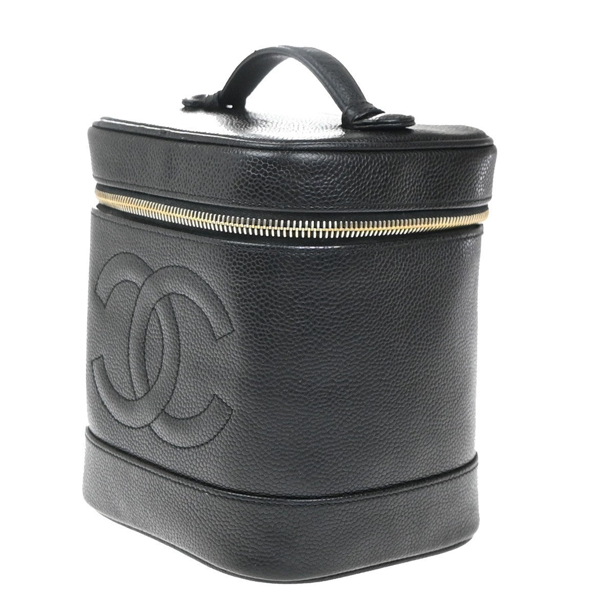 CHANEL CC Vanity Cosmetic Hand Bag Grained Calfskin Leather Black GHW 99RP073