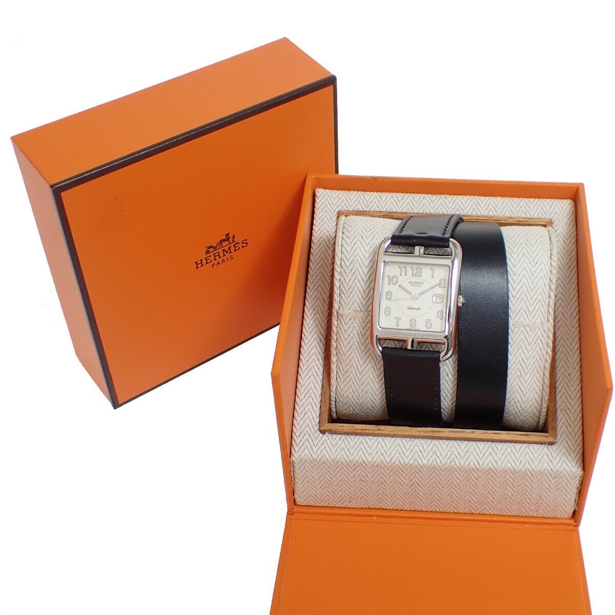HERMES Logo Cape Cod Double Tour Wristwatch Leather ▢D Black Silver 660LC513