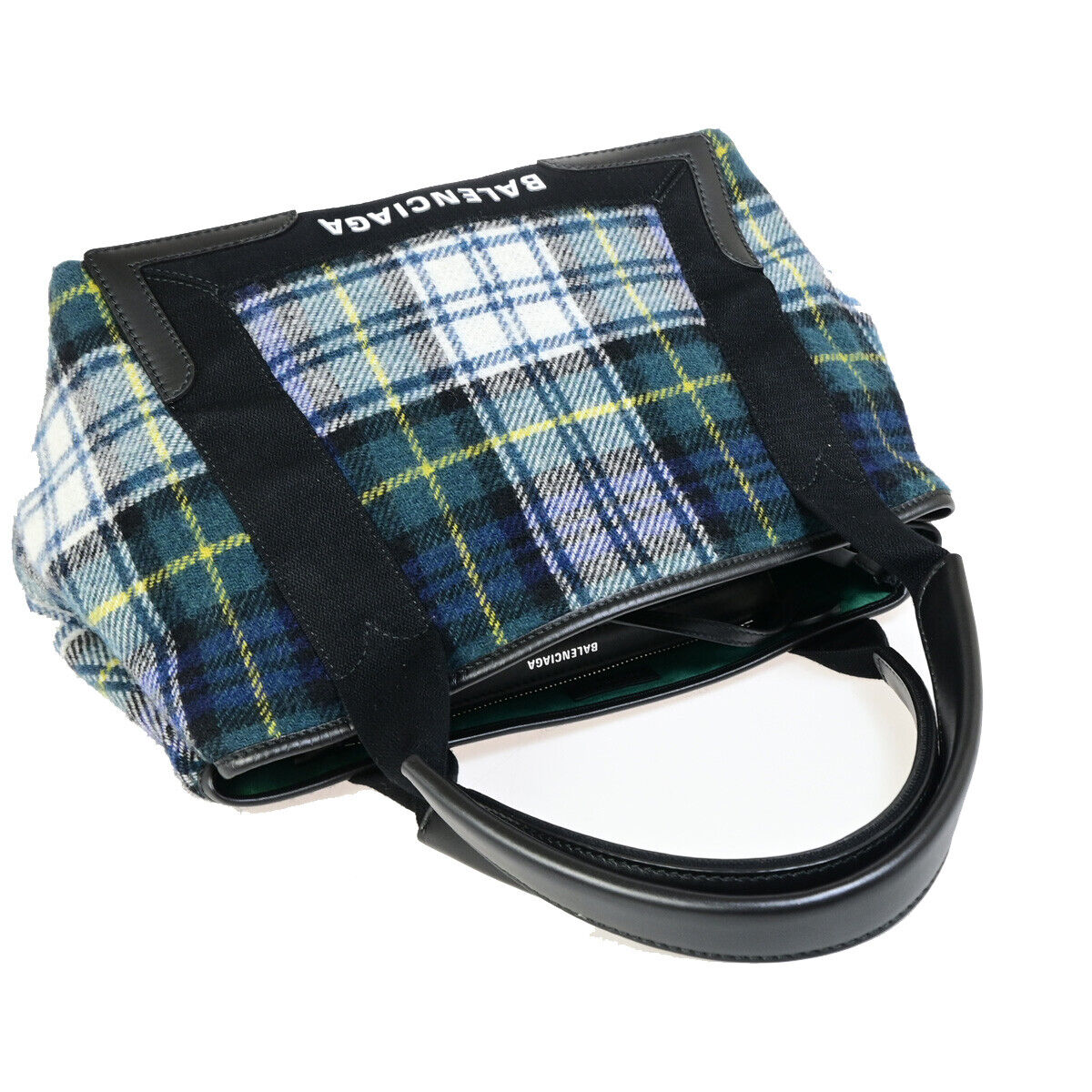 BALENCIAGA Navy Cabas S Hand Tote Bag Check Wool Leatehr Green Black 34RK296