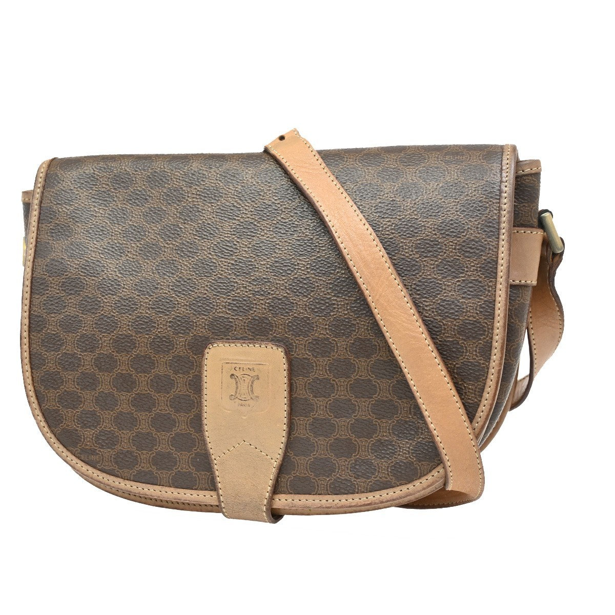 CELINE Logo Macadam Pattern Shoulder Bag PVC Leather Brown GHW Italy 63KB610
