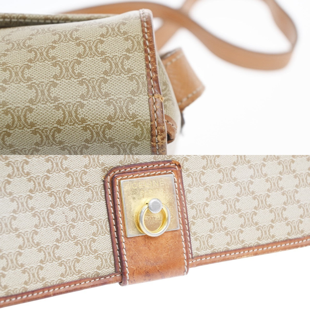 CELINE Logo Macadam Pattern Shoulder Bag PVC Leather Beige GHW Italy 68KC717