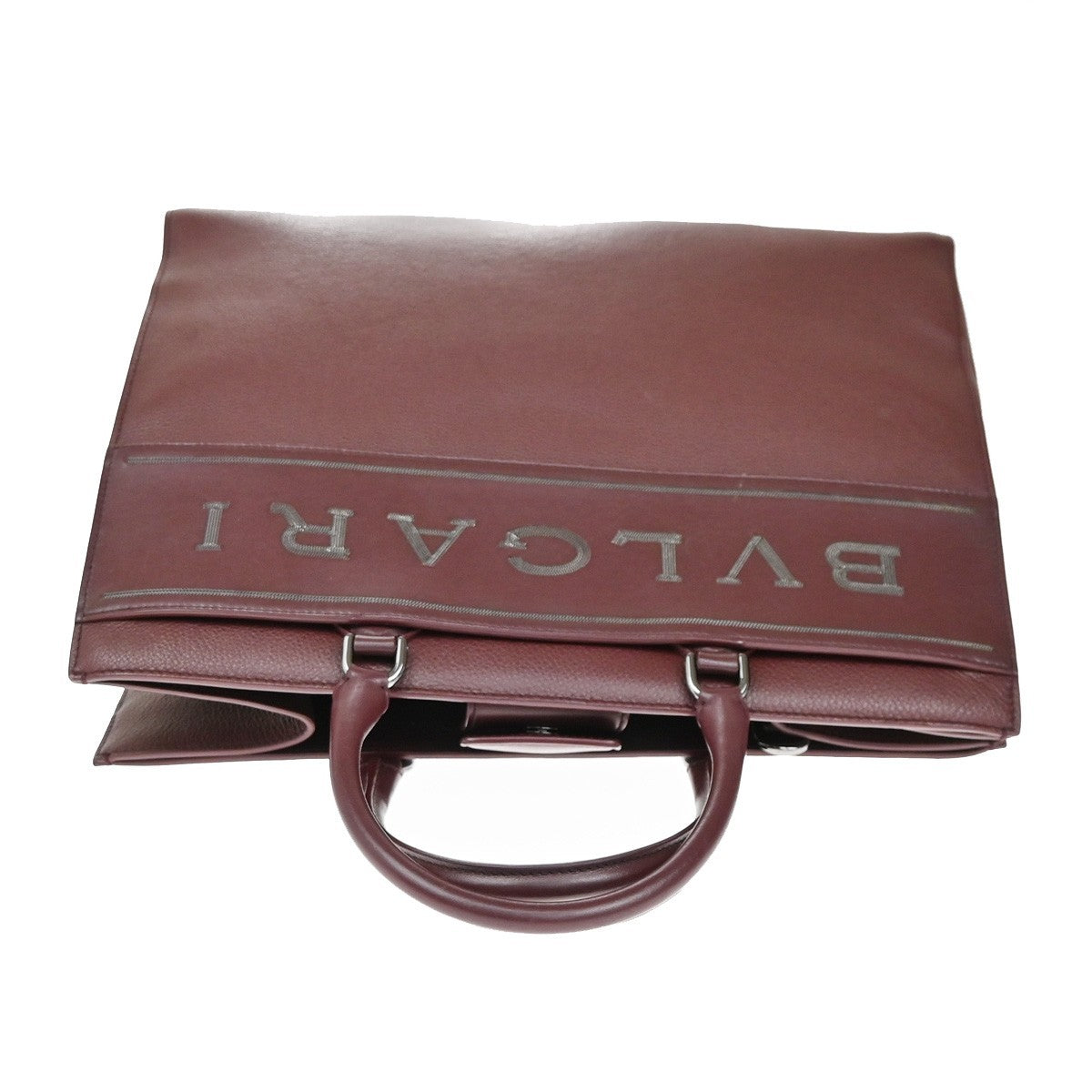 BVLGARI Logo Tote Hand Bag Leather Red Burgundy SHW Italy 98KB533